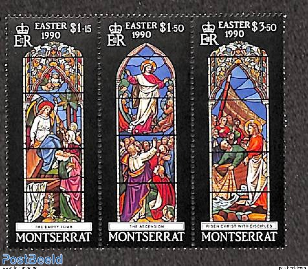 Montserrat 1990 Easter 3v [::], Mint NH, Religion - Religion - Art - Stained Glass And Windows - Vetri & Vetrate