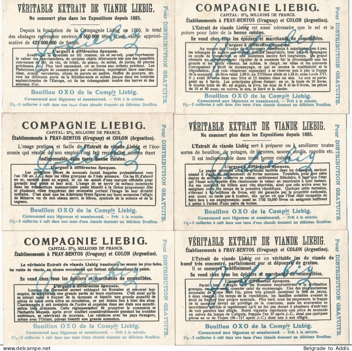 Chromo Liebig Série Compl. De 6 Chromos S_0921 L'Argent à Différentes époques 1908 (1) Monnaies Coins - Liebig