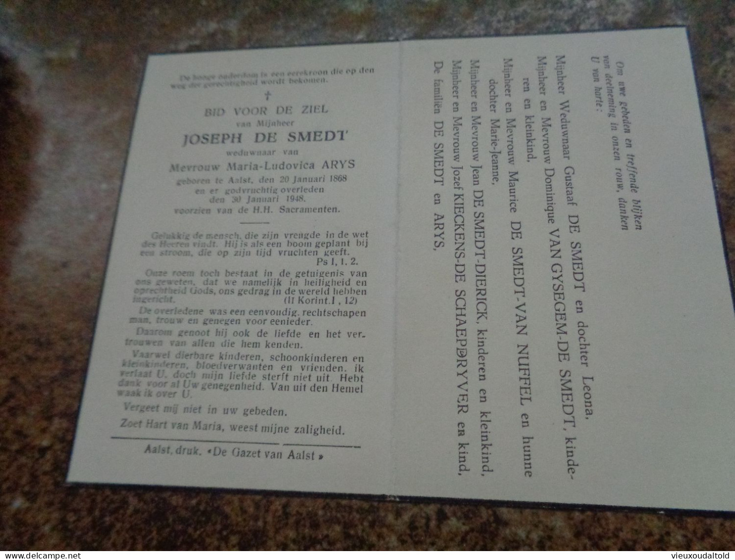 Doodsprentje/Bidprentje  JOSEPH DE SMEDT  Aalst 1868-1948 (Wdr Maria Ludovica ARYS) - Autres & Non Classés