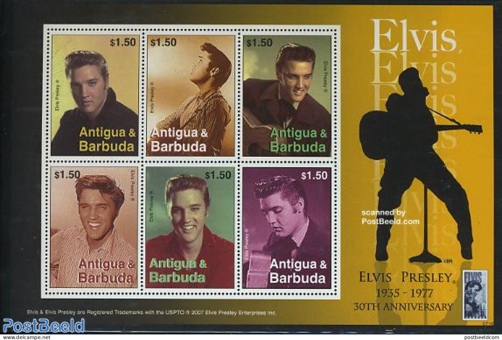 Antigua & Barbuda 2007 Elvis Presley 6v M/s, Mint NH, Performance Art - Elvis Presley - Music - Popular Music - Elvis Presley