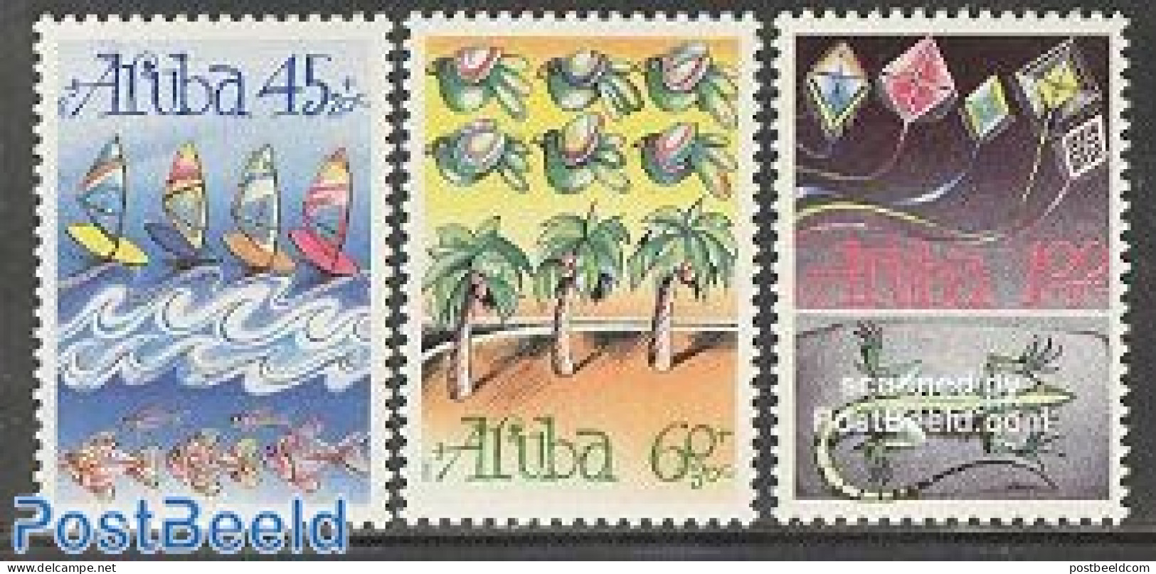 Aruba 1990 Child Welfare 3v, Mint NH, Nature - Sport - Birds - Reptiles - Trees & Forests - Kiting - Rotary Club