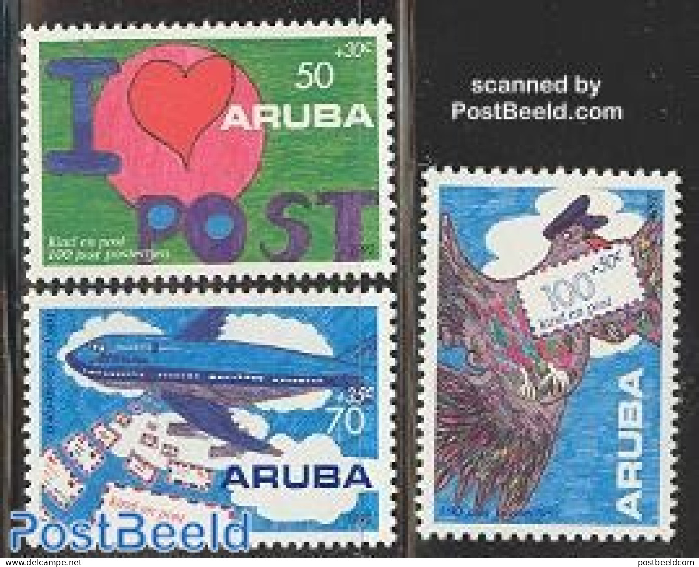 Aruba 1992 Child Welfare 3v, Mint NH, Transport - Post - Aircraft & Aviation - Art - Children Drawings - Post