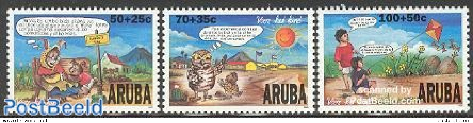Aruba 1996 Child Welfare 3v, Mint NH, Nature - Sport - Owls - Kiting - Art - Children's Books Illustrations - Comics (.. - Fumetti