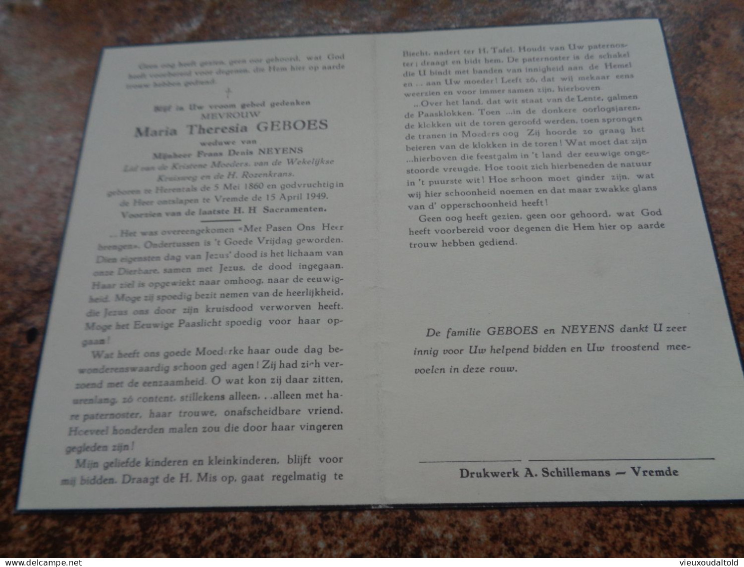 Doodsprentje/Bidprentje  Maria Theresia GEBOES   Herentals 1860-1949 Vremde  (Wwe Frans D. NEYENS) - Autres & Non Classés