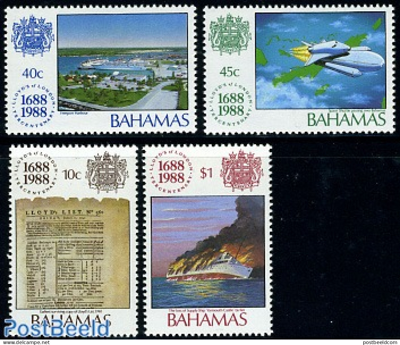 Bahamas 1988 Lloyds 4v, Mint NH, History - Transport - Various - Automobiles - Fire Fighters & Prevention - Ships And .. - Autos