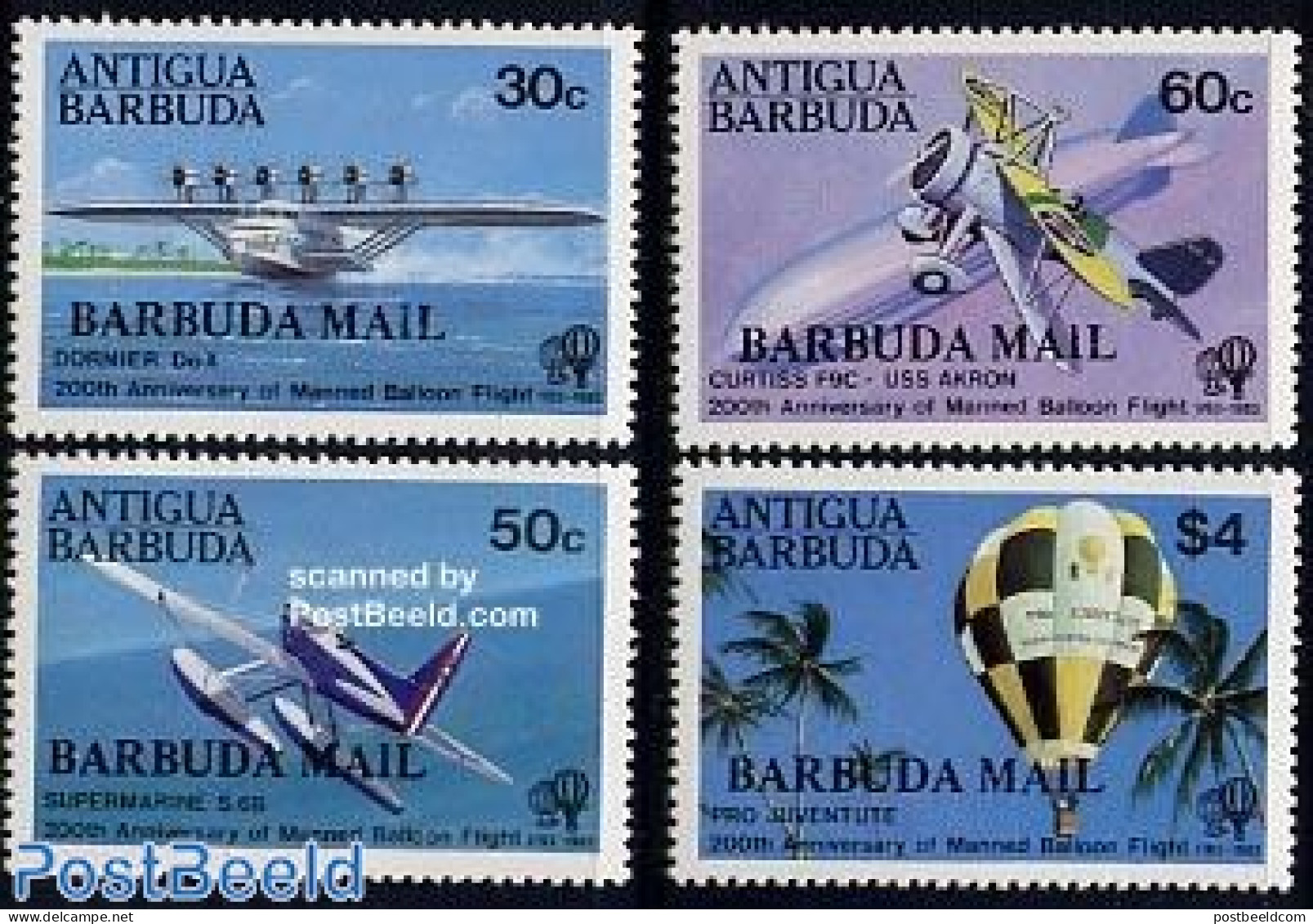 Barbuda 1983 200 Years Aviation 4v, Mint NH, Transport - Balloons - Aircraft & Aviation - Mongolfiere