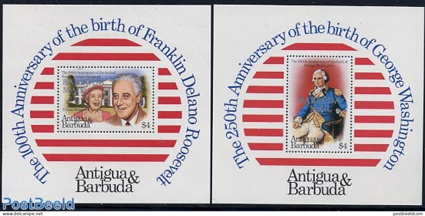 Barbuda 1982 Washington/Roosevelt 2 S/s, Mint NH, History - American Presidents - Barbuda (...-1981)