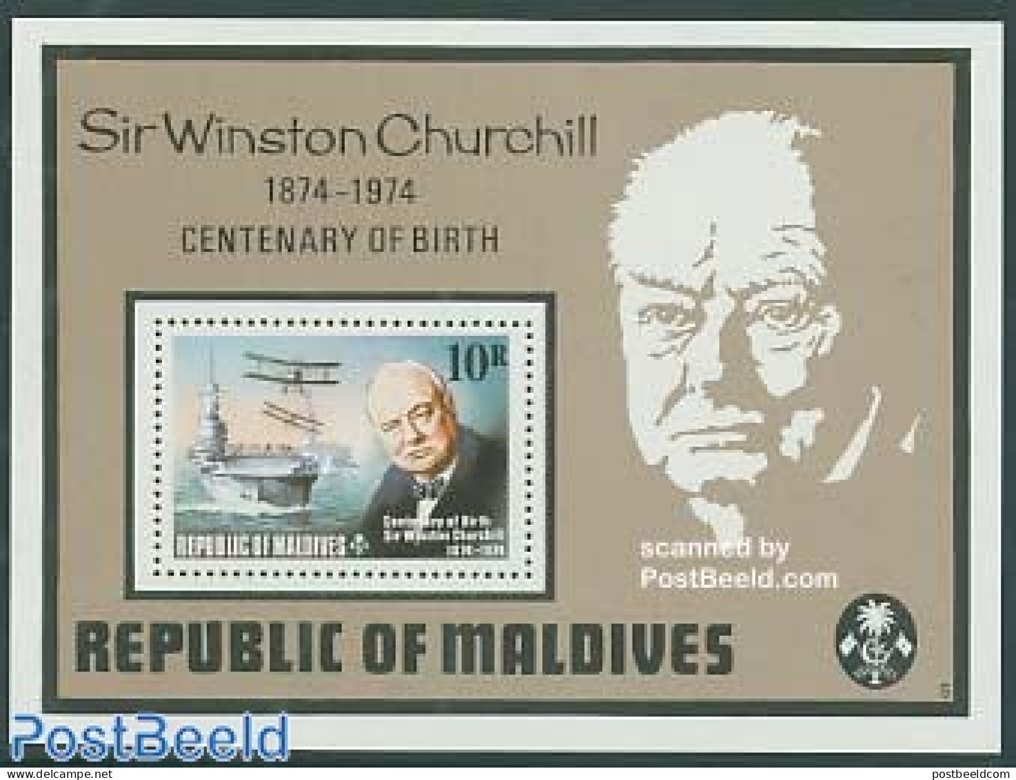 Maldives 1974 Sir Winston Churchill S/s, Mint NH, History - Transport - Churchill - Aircraft & Aviation - Ships And Bo.. - Sir Winston Churchill