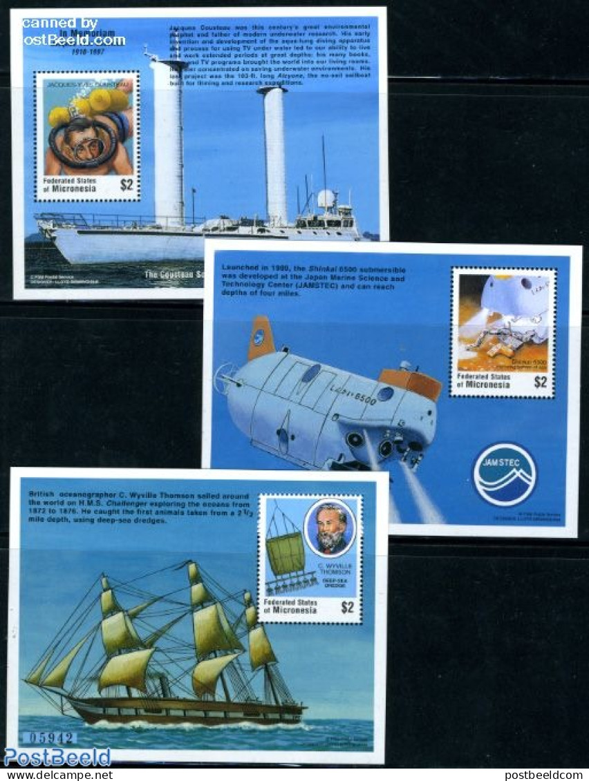 Micronesia 1997 Deepsea Explorers 3 S/s, Mint NH, Nature - Sport - Transport - Fish - Diving - Ships And Boats - Poissons