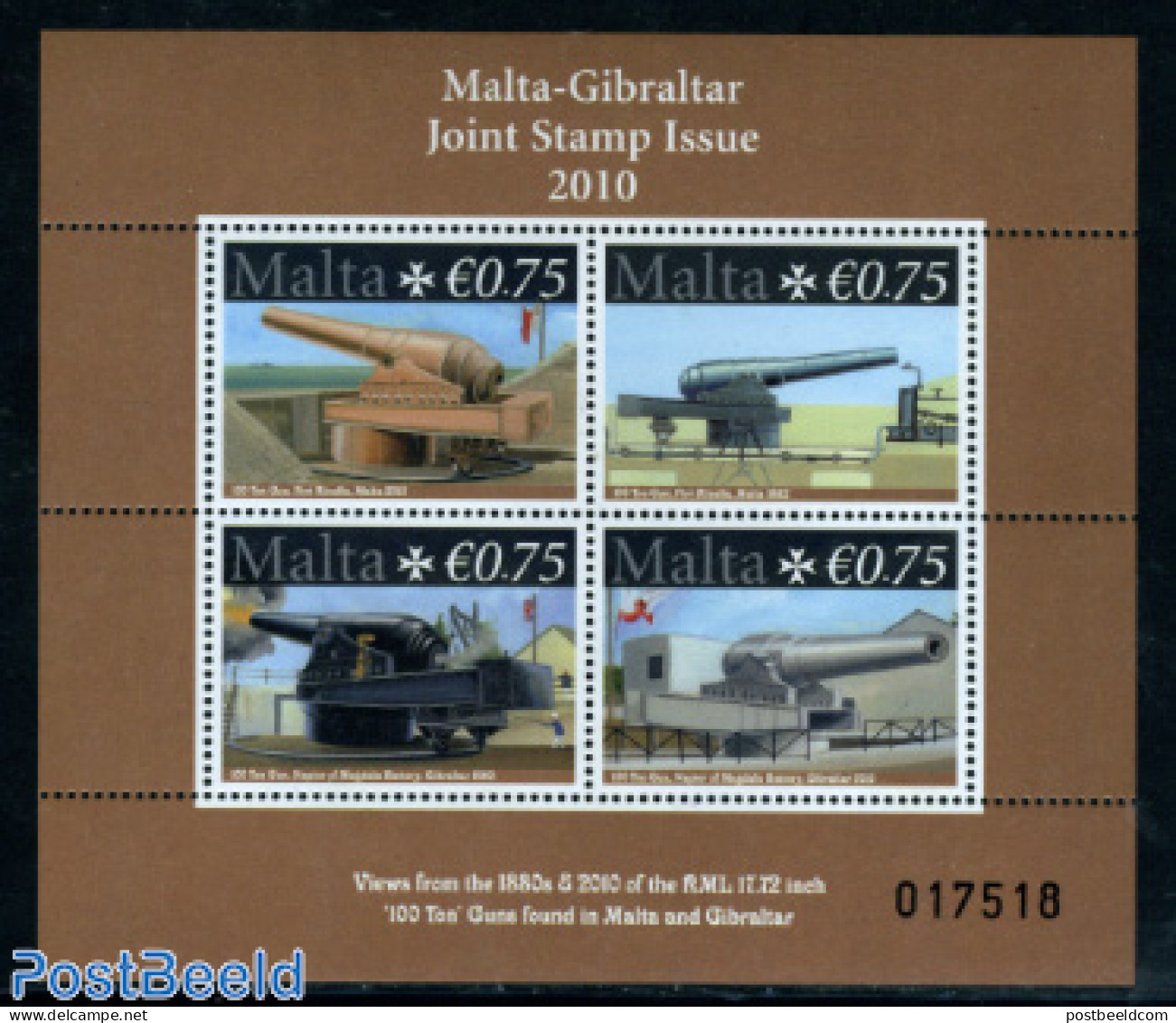Malta 2010 Big Artillery S/s, Joint Issue Gibraltar, Mint NH, Various - Joint Issues - Weapons - Gemeinschaftsausgaben