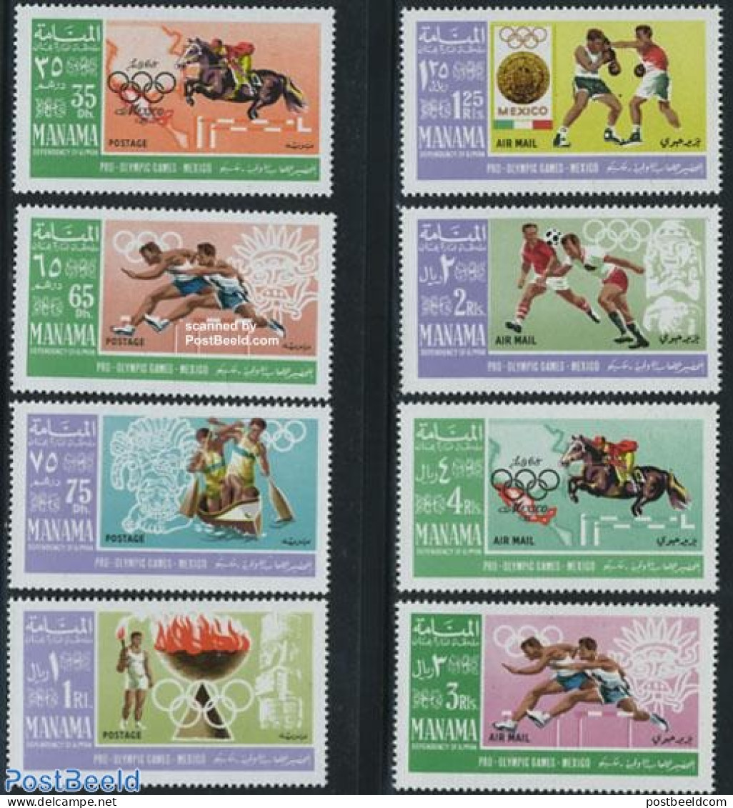 Manama 1967 Olympic Games Mexico 8v, Mint NH, Nature - Sport - Horses - Athletics - Boxing - Football - Kayaks & Rowin.. - Atletismo
