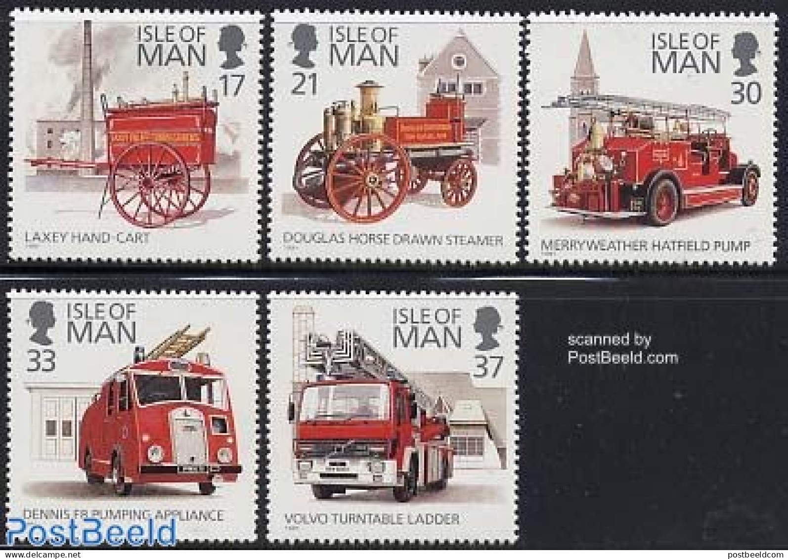 Isle Of Man 1991 Fire Corps 5v, Mint NH, Transport - Automobiles - Fire Fighters & Prevention - Voitures