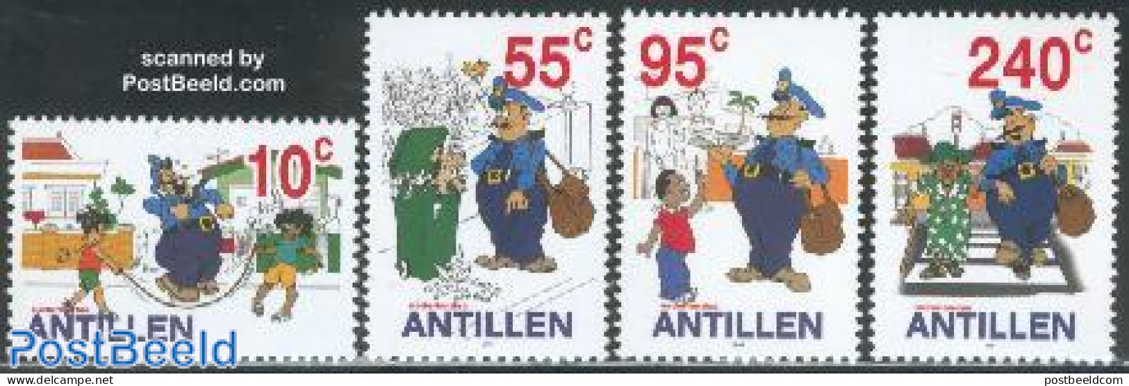 Netherlands Antilles 2002 Comics 4v, Mint NH, Nature - Transport - Various - Dogs - Post - Traffic Safety - Toys & Chi.. - Posta