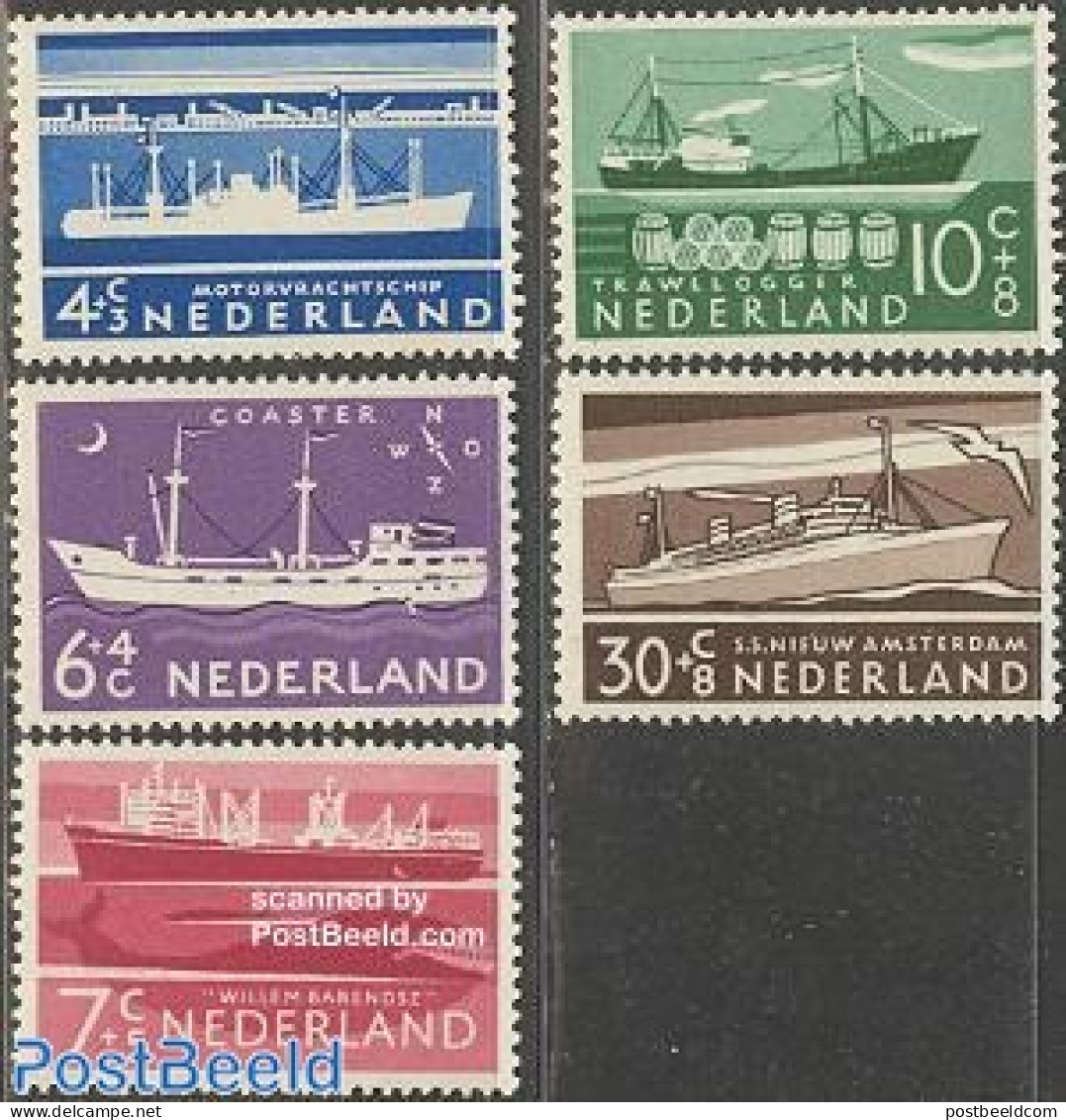 Netherlands 1957 Summer, Ships 5v, Mint NH, Nature - Transport - Birds - Fishing - Sea Mammals - Ships And Boats - Ongebruikt