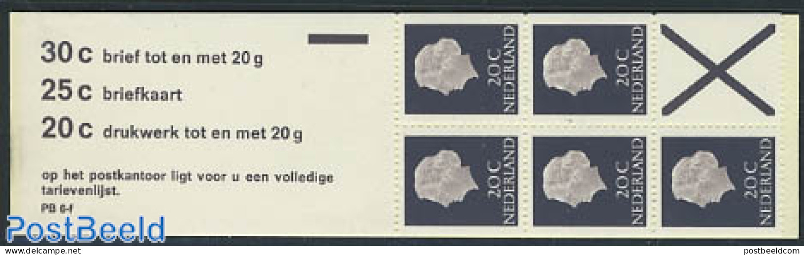 Netherlands 1972 5x20c Booklet, X On Right Side, Phosphor, Mint NH, Stamp Booklets - Nuevos
