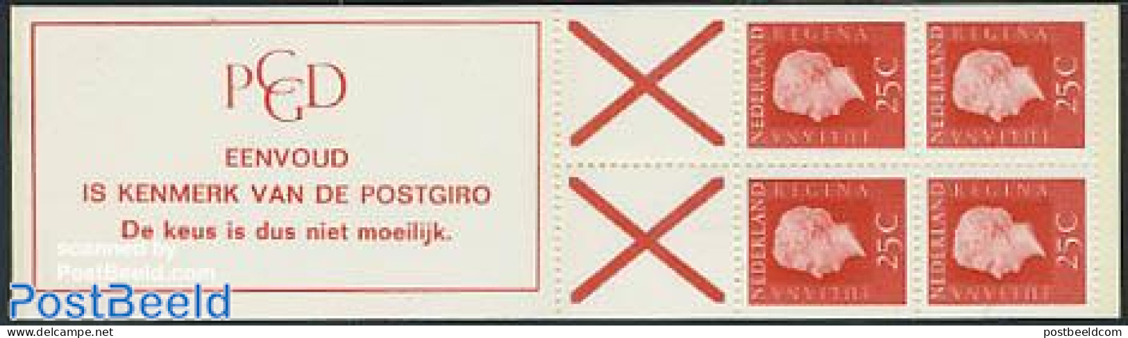 Netherlands 1970 4x25c Booklet, Phosphor, Text: EENVOUD IS KENMERK, Mint NH, Stamp Booklets - Nuovi