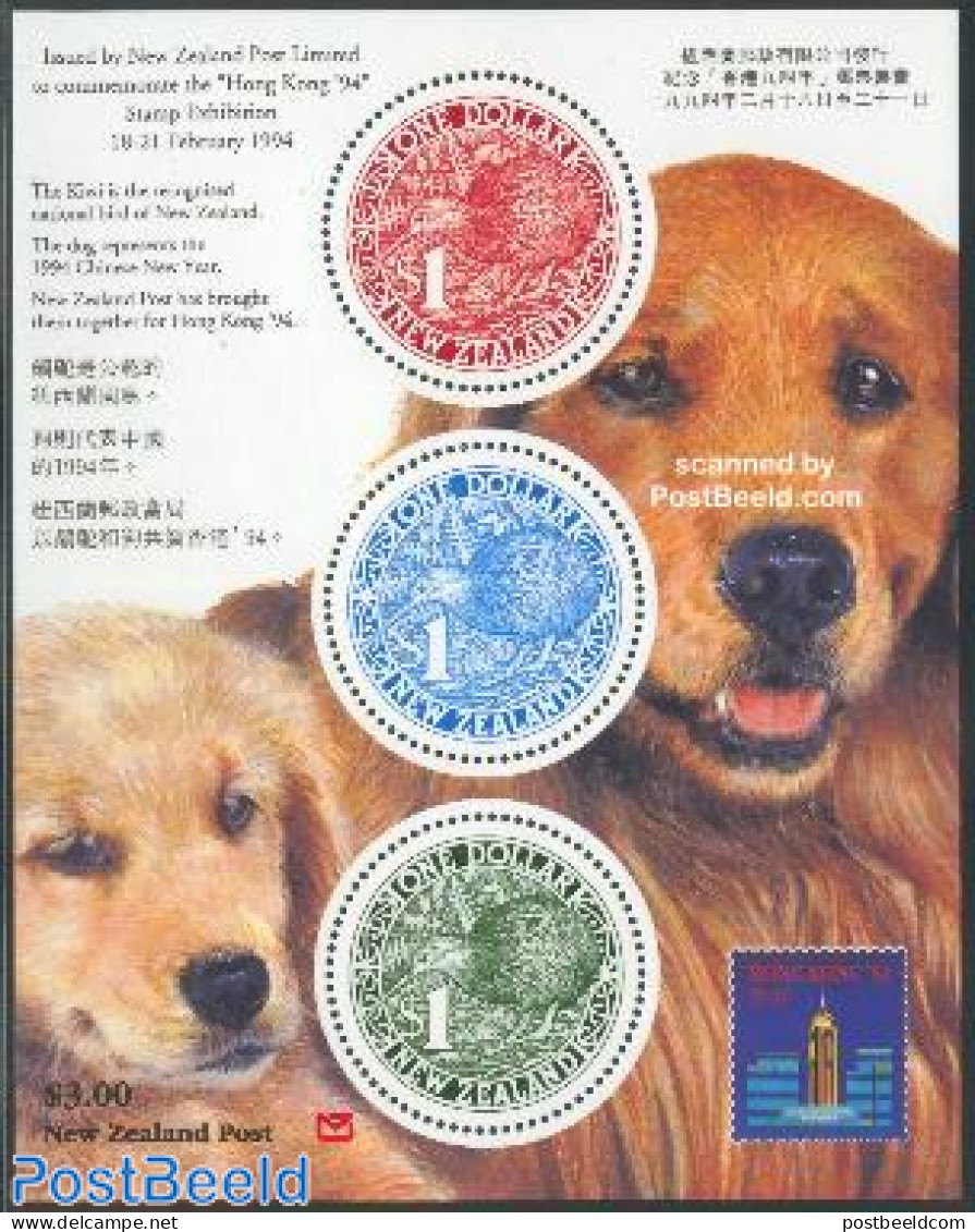 New Zealand 1994 Hong Kong, Round Kiwi Stamps S/s, Mint NH, Nature - Birds - Dogs - Philately - Nuevos