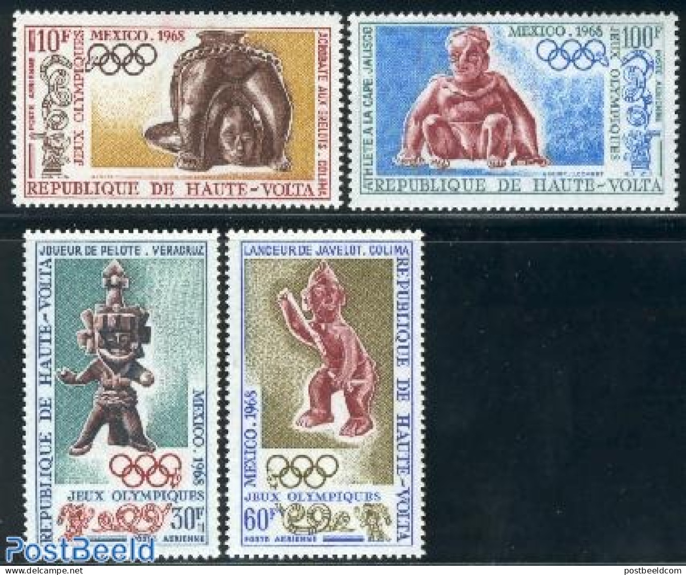 Upper Volta 1968 Olympic Games Mexico 4v, Mint NH, History - Sport - Archaeology - Olympic Games - Art - Sculpture - Arqueología