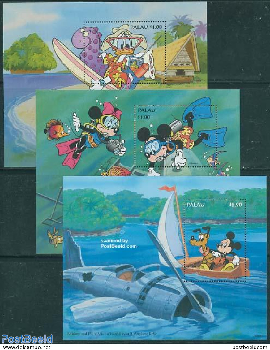Palau 1994 Disney 3 S/s, Mint NH, Sport - Transport - Diving - Ships And Boats - Art - Disney - Buceo