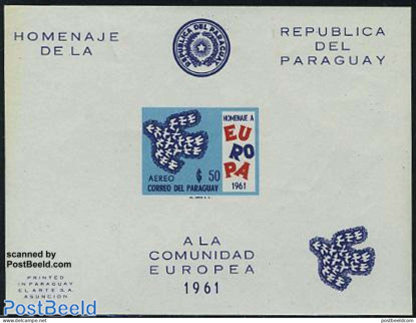Paraguay 1961 Europe S/s, Imperforated (50g), Mint NH, History - Europa Hang-on Issues - Ideas Europeas