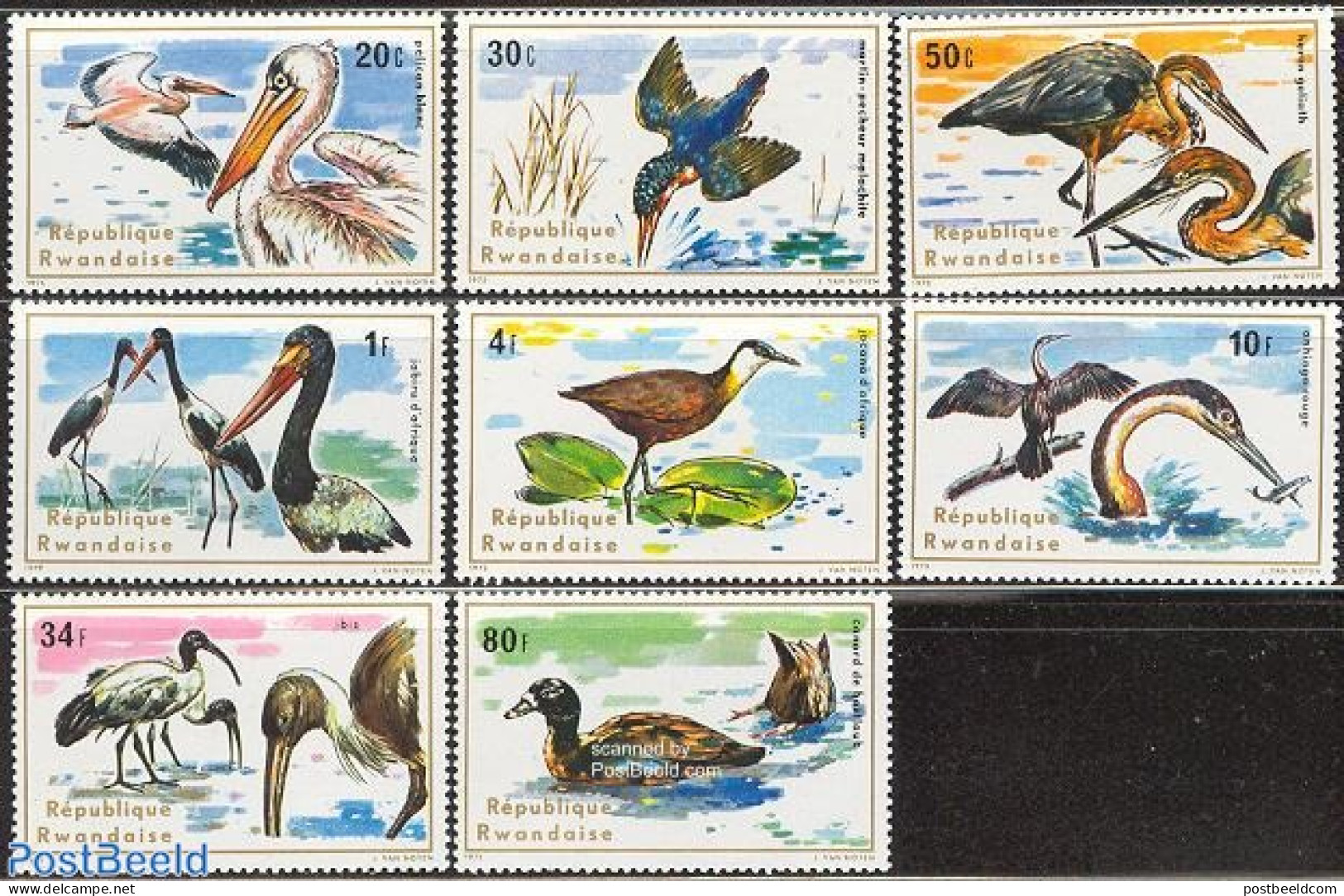 Rwanda 1975 Water Birds 8v, Mint NH, Nature - Birds - Ducks - Kingfishers - Other & Unclassified