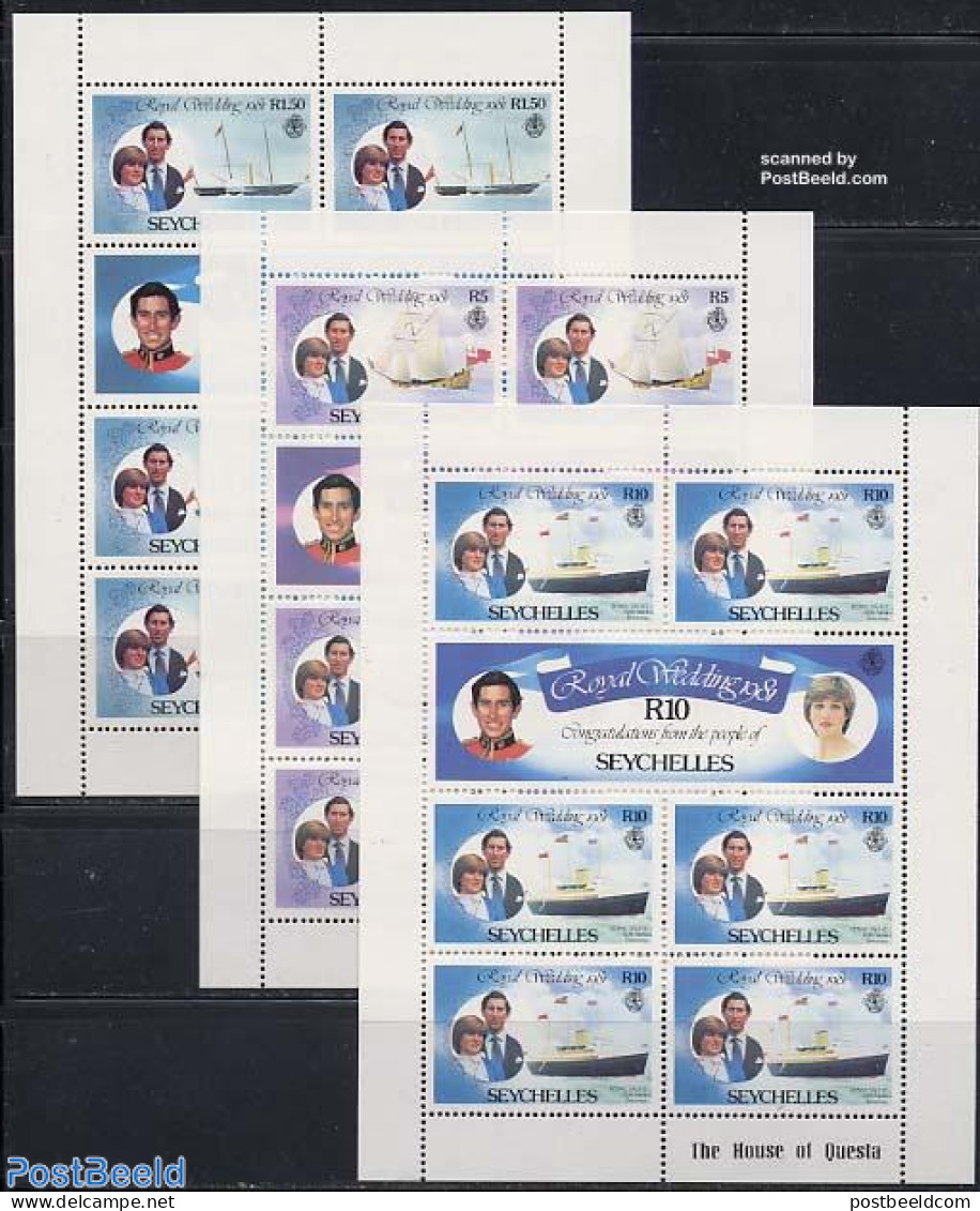 Seychelles 1981 Royal Wedding 3 M/ss, Mint NH, History - Transport - Charles & Diana - Kings & Queens (Royalty) - Ship.. - Royalties, Royals