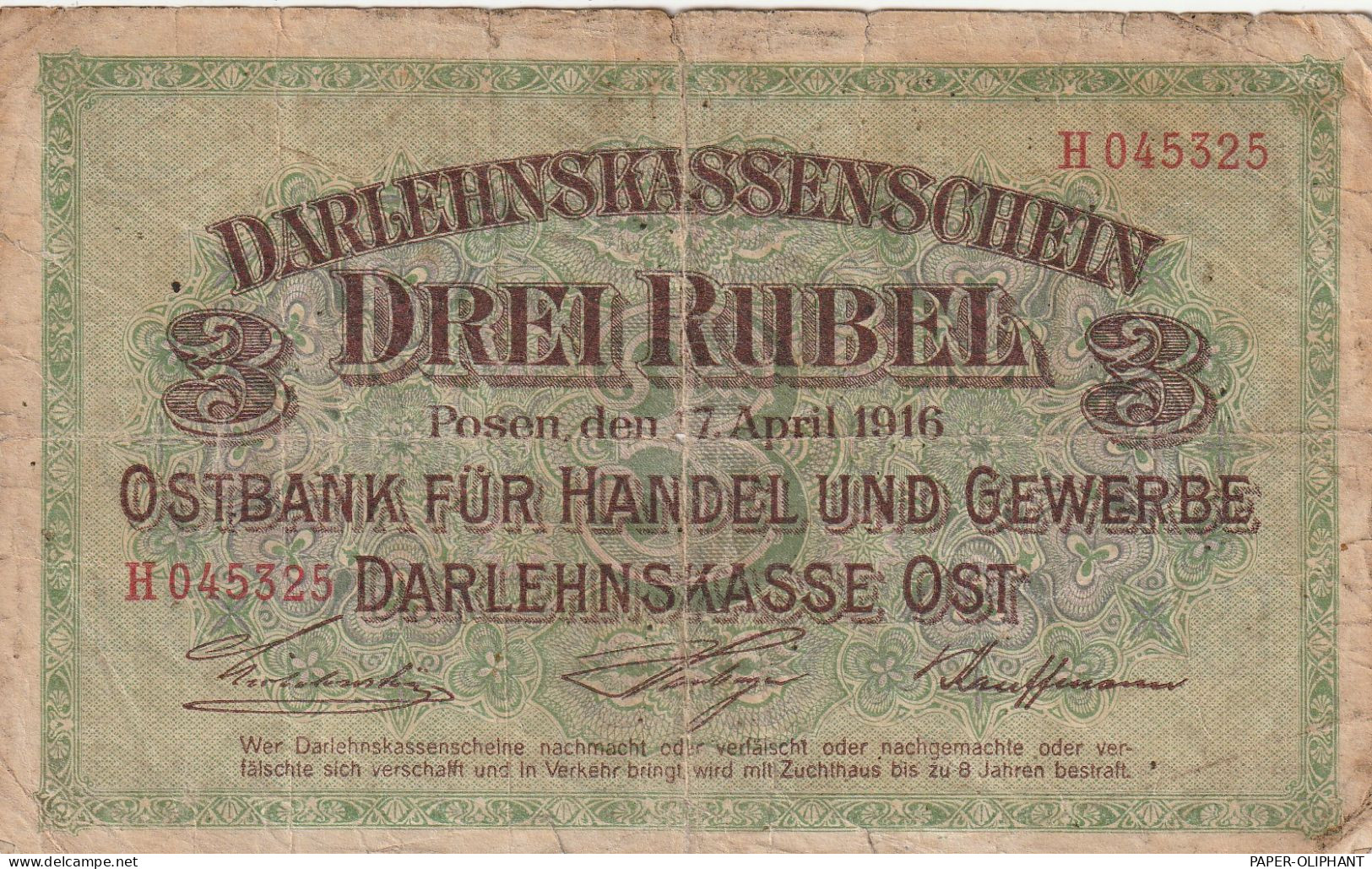 POSEN - BANKNOTE 3 RUBEL 1916, Ostbank Für Handel Und Gewerbe - Posen