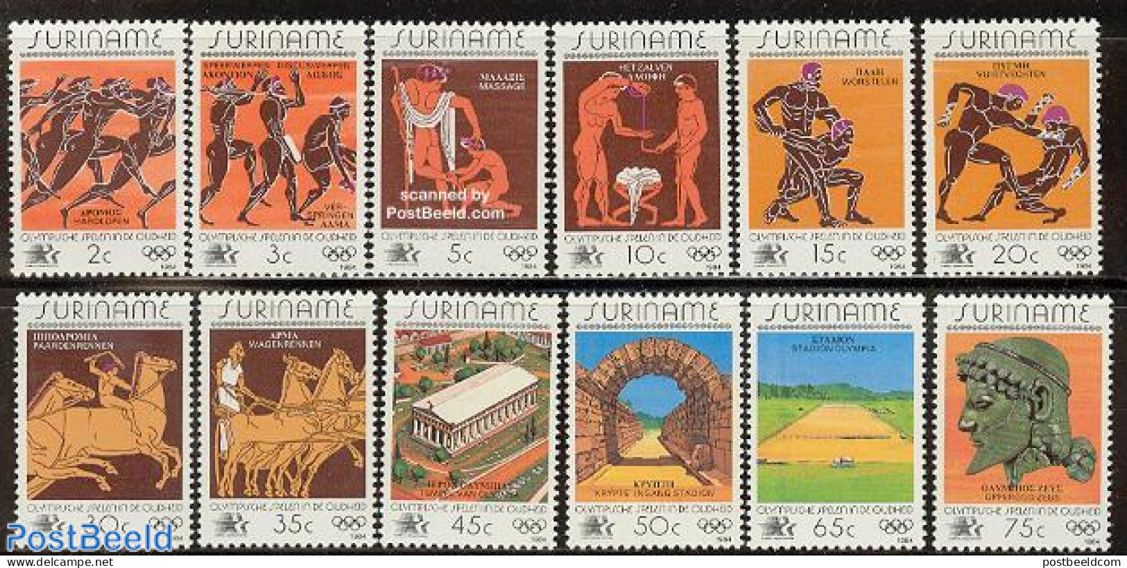 Suriname, Republic 1984 Olympic Games Los Angeles 12v, Mint NH, History - Nature - Sport - Archaeology - Horses - Olym.. - Archaeology
