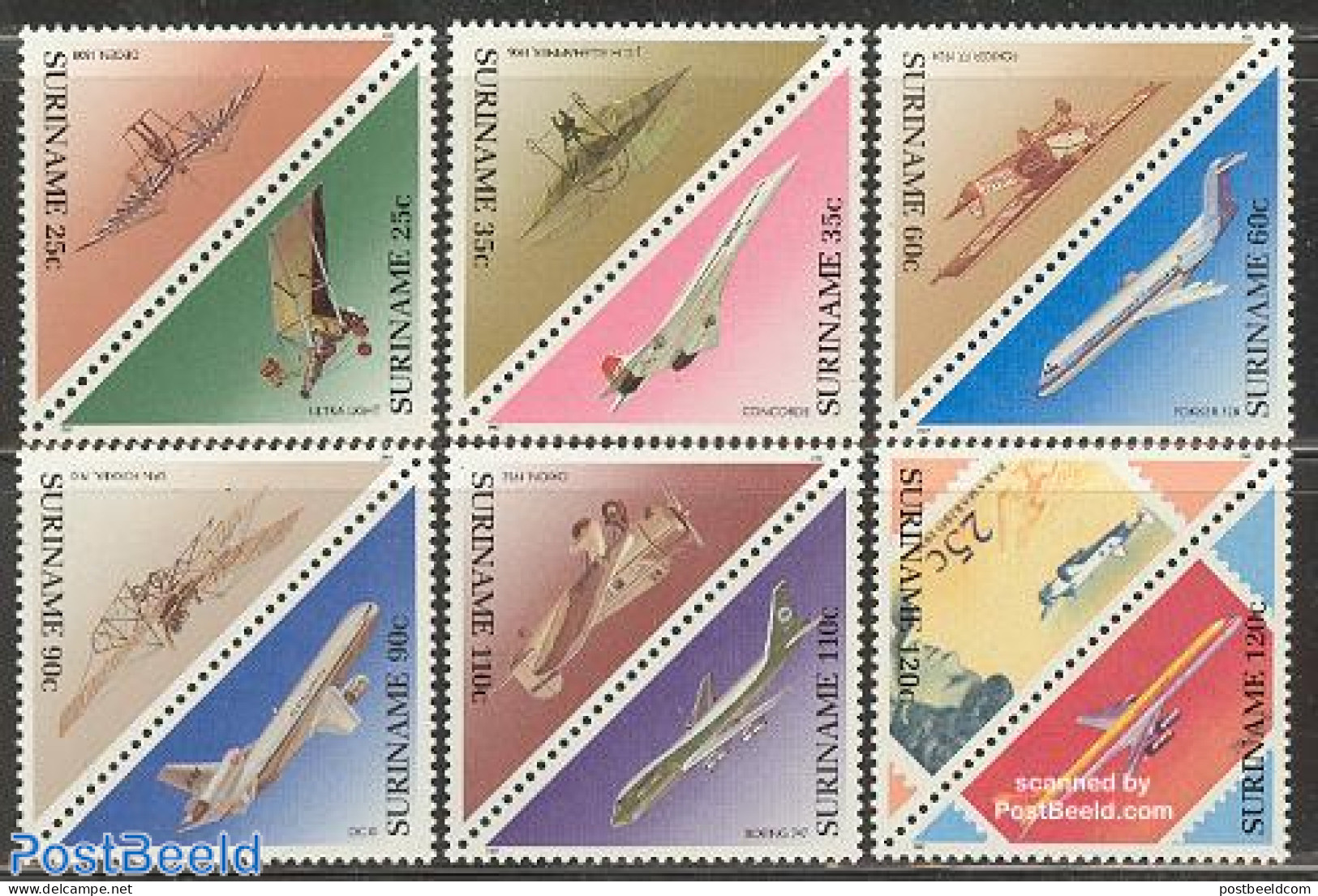 Suriname, Republic 1987 Aeroplanes 6x2v, Mint NH, Transport - Stamps On Stamps - Aircraft & Aviation - Stamps On Stamps
