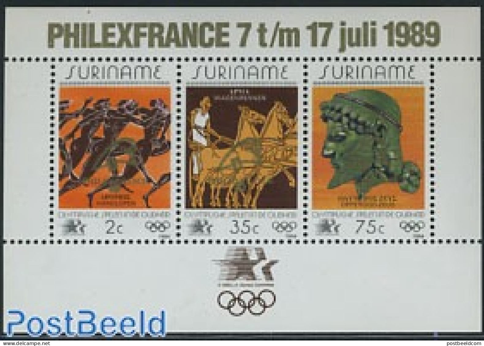 Suriname, Republic 1989 Philexfrance S/s, Mint NH, History - Nature - Sport - Archaeology - Horses - Olympic Games - P.. - Arqueología