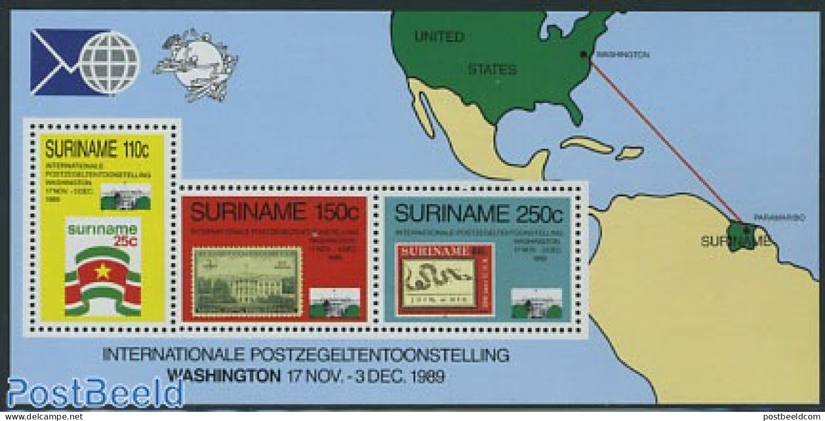Suriname, Republic 1989 Washington Stamp Expo S/s, Mint NH, Philately - Stamps On Stamps - Briefmarken Auf Briefmarken