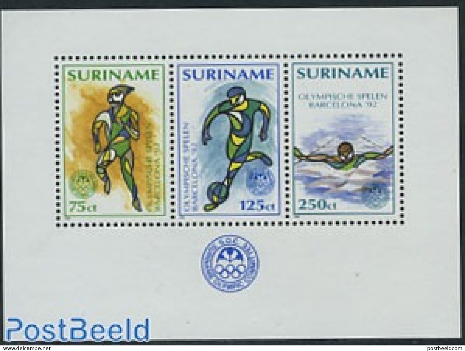 Suriname, Republic 1992 Olympic Games Barcelona S/s, Mint NH, Sport - Football - Olympic Games - Swimming - Nuoto
