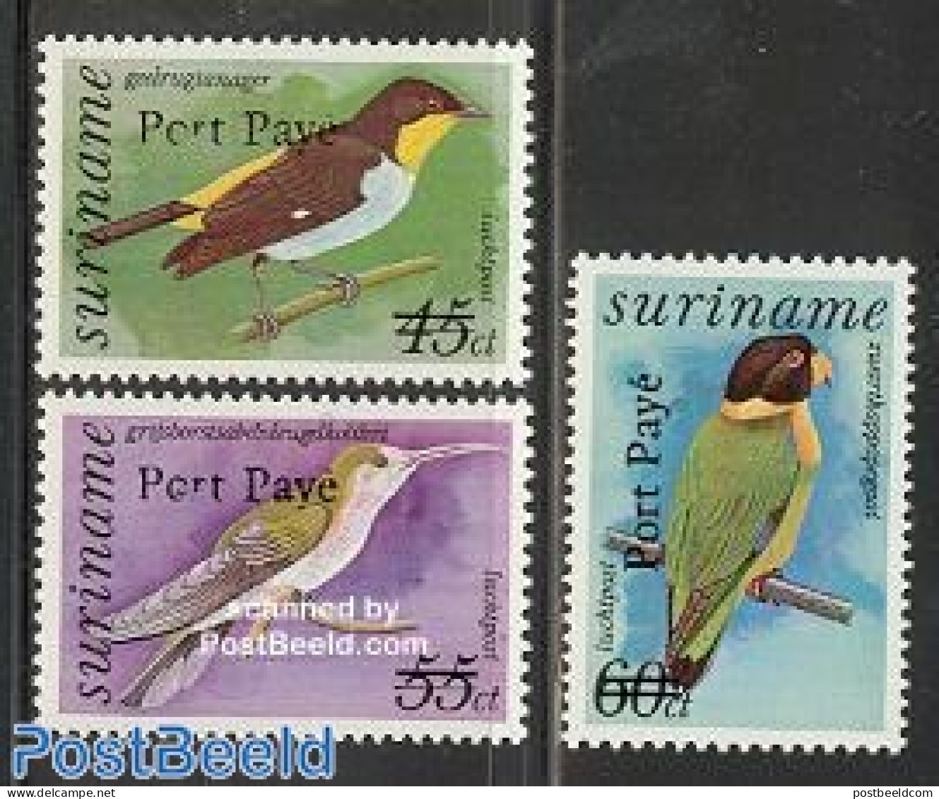 Suriname, Republic 1994 Overprints Port Paye 3v, Mint NH, Nature - Birds - Parrots - Suriname
