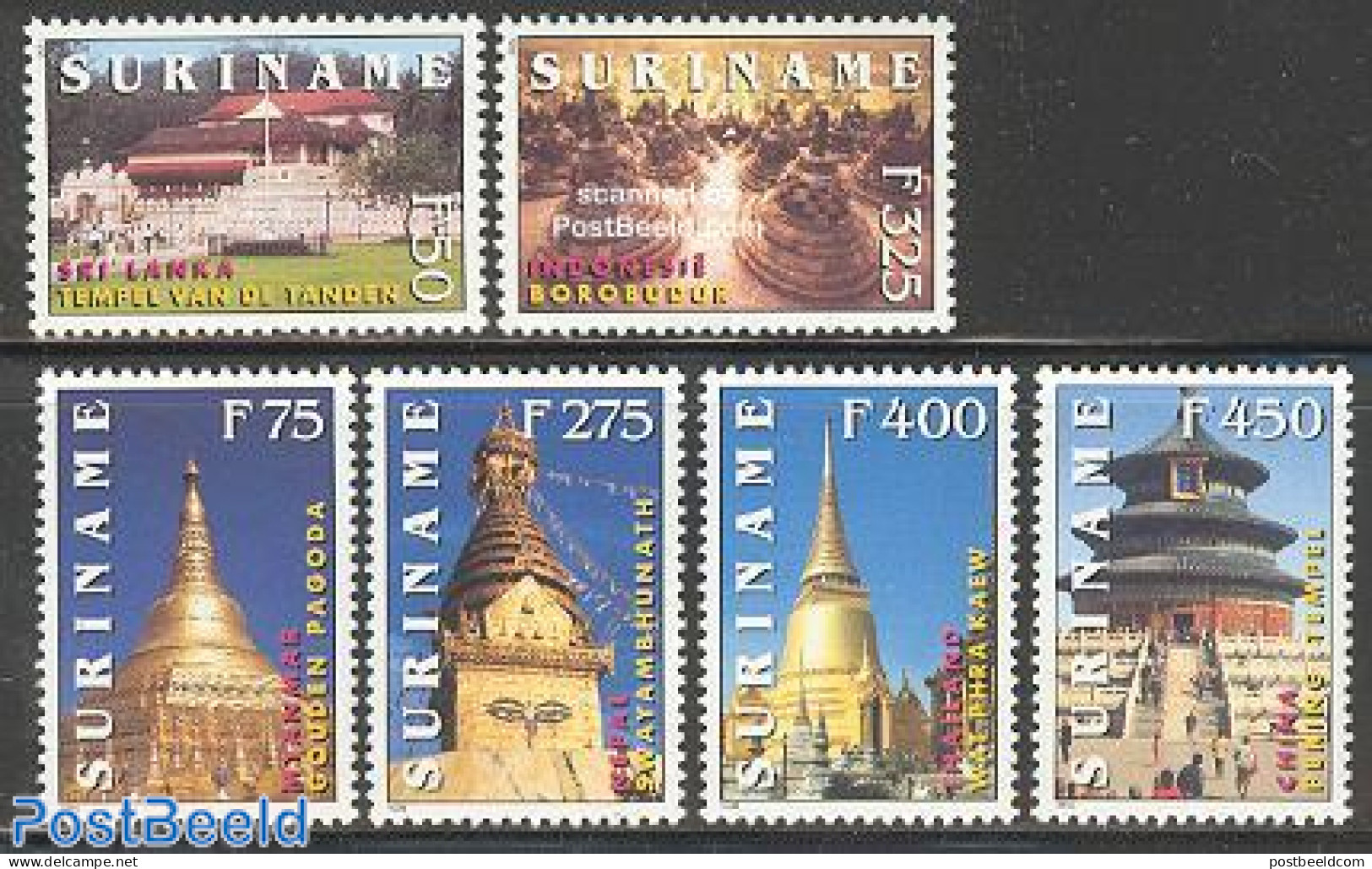 Suriname, Republic 1998 Temples 6v, Mint NH, Religion - Churches, Temples, Mosques, Synagogues - Kerken En Kathedralen