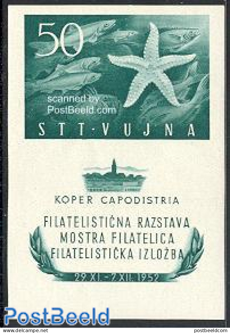 Trieste B-Zone 1952 Stamp Exposition S/s, Mint NH, Nature - Fish - Philately - Fishes
