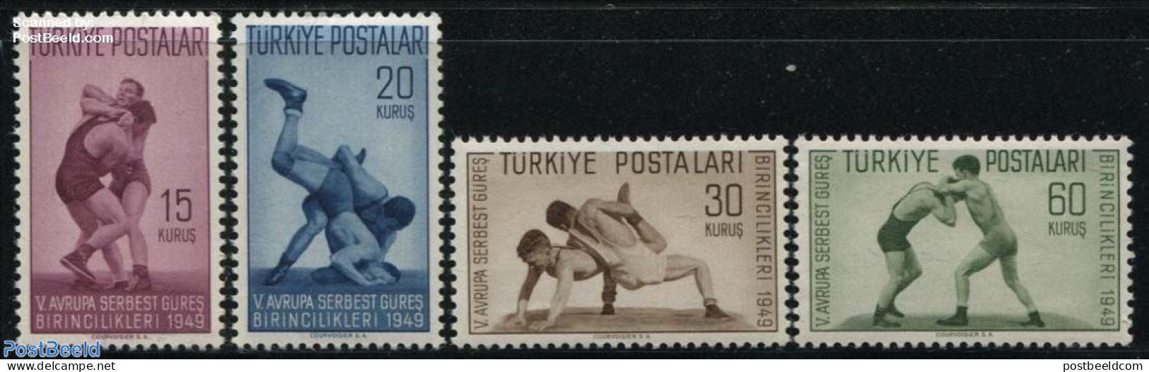 Türkiye 1949 European Wrestling Games 4v, Mint NH, History - Sport - Europa Hang-on Issues - Boxing - Sport (other An.. - Sonstige & Ohne Zuordnung