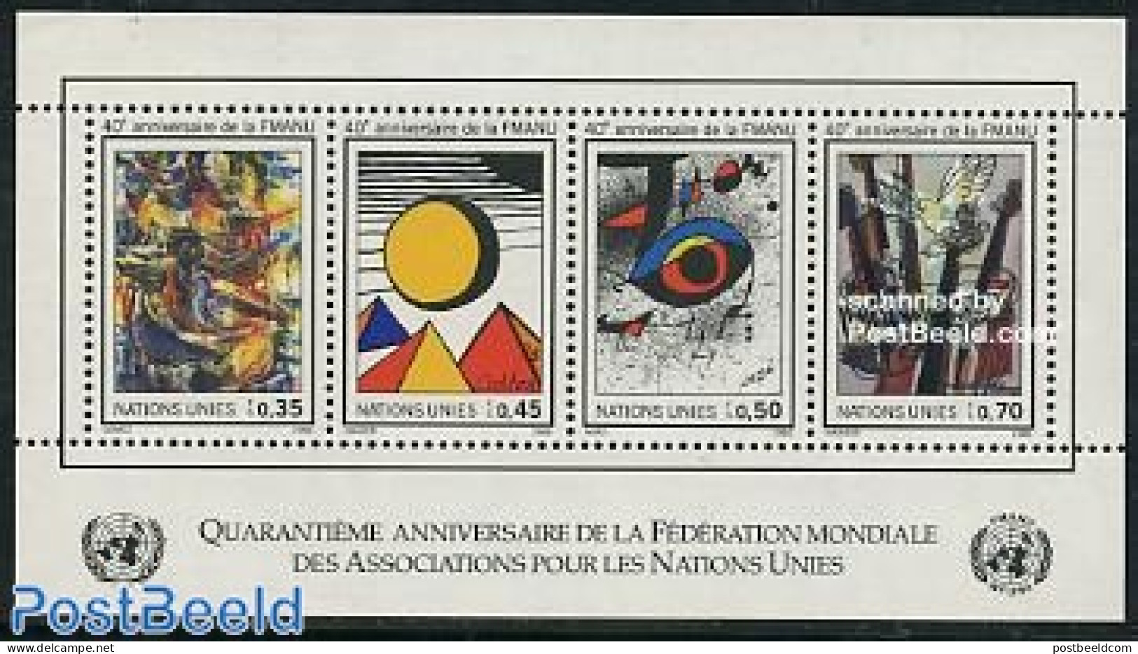 United Nations, Geneva 1986 WFUNA 40th Anniversary S/s, Mint NH, Performance Art - Music - Art - Modern Art (1850-pres.. - Muziek