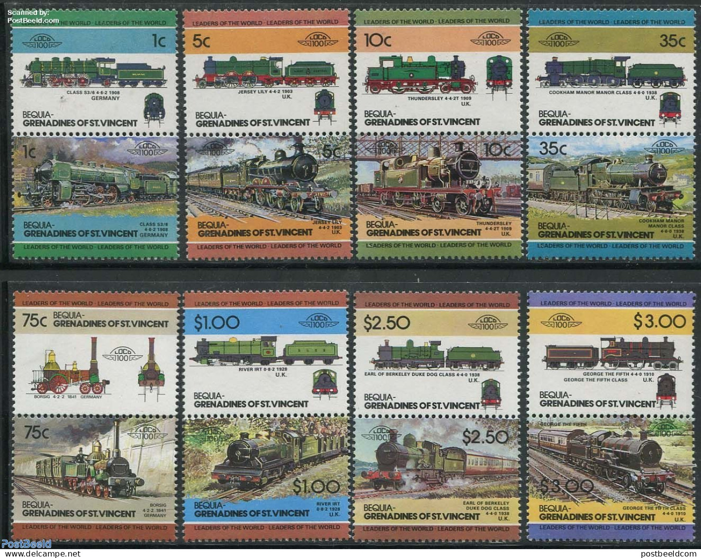 Saint Vincent & The Grenadines 1984 Bequia, Locomotives 8x2v [:], Mint NH, Transport - Railways - Trenes