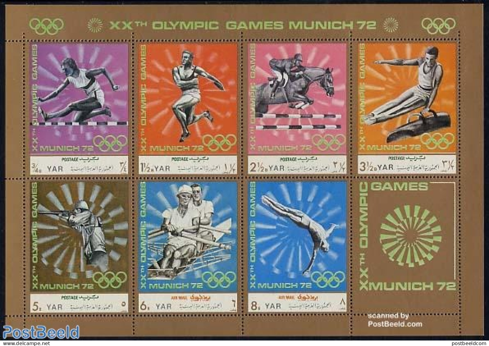 Yemen, Arab Republic 1971 Olympic Games 7v M/s, Mint NH, Nature - Sport - Horses - Athletics - Gymnastics - Kayaks & R.. - Atletiek