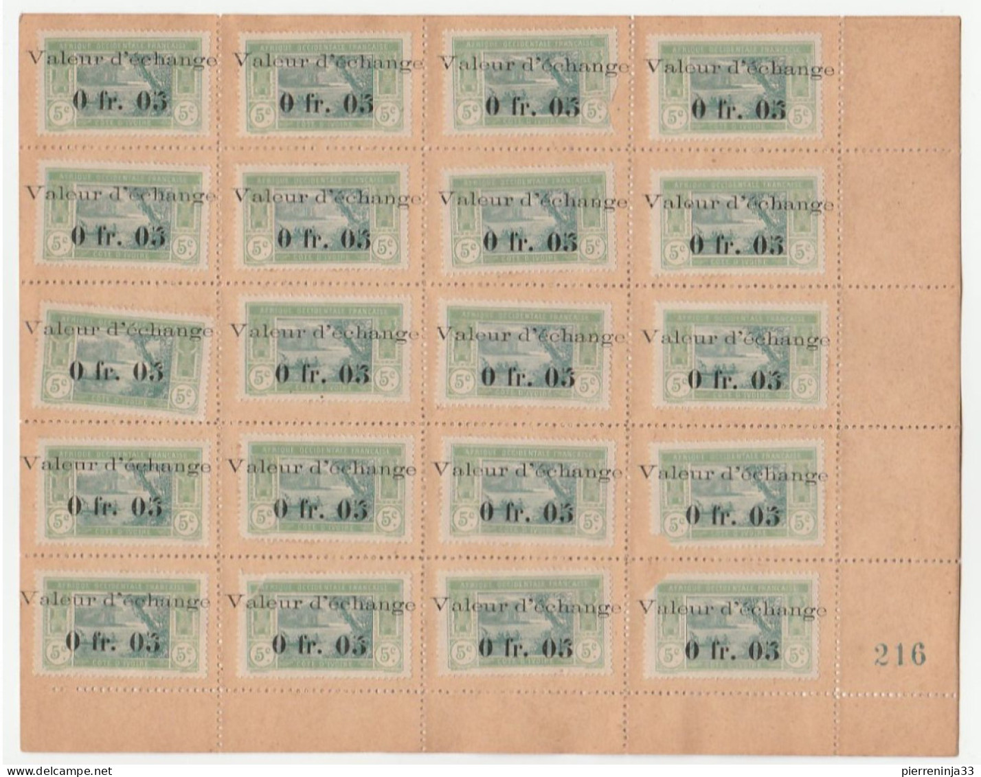 Rare Feuillet De 20 Timbres-Monnaie Précurseurs /Côte D'Ivoire N°44 Surchargés "Valeur D'Echange..." - Lettres & Documents