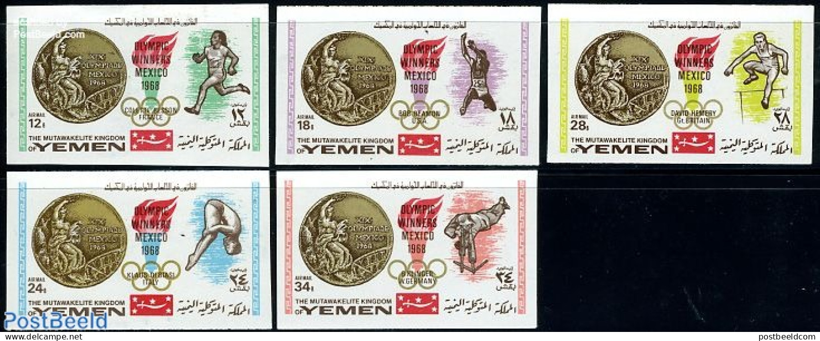 Yemen, Kingdom 1968 Olympic Winners 5v Imperforated, Mint NH, Sport - Athletics - Olympic Games - Shooting Sports - Sw.. - Atletica