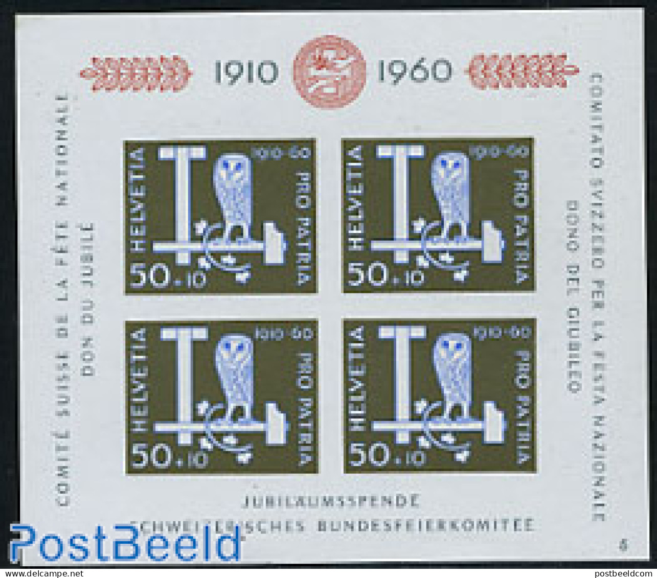 Switzerland 1960 Pro Patria S/s, Mint NH, Nature - Birds - Owls - Ungebraucht