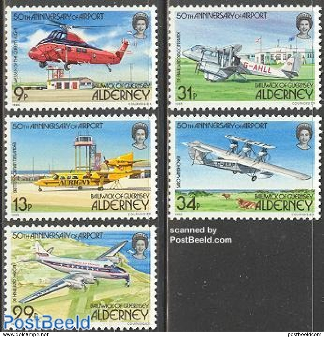 Alderney 1985 50 Years Airport Alderney 5v, Mint NH, Transport - Helicopters - Aircraft & Aviation - Helicópteros