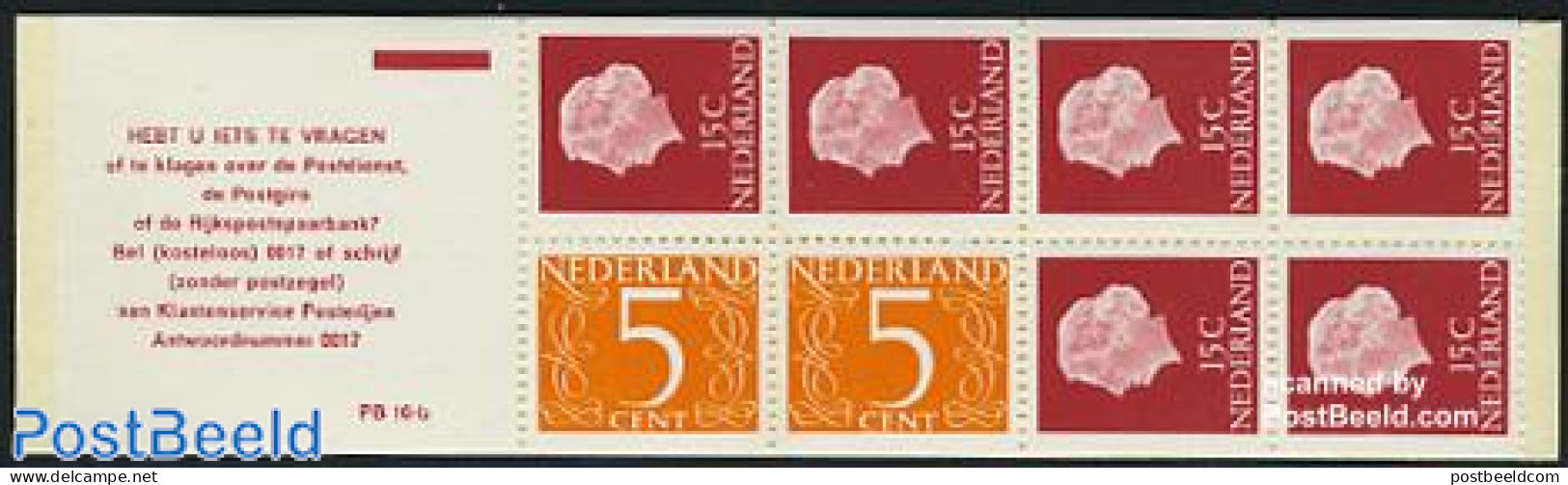 Netherlands 1971 2x5,6x15c Booklet, Phosphor, Text: HEBT U IETS TE, Mint NH, Stamp Booklets - Ungebraucht