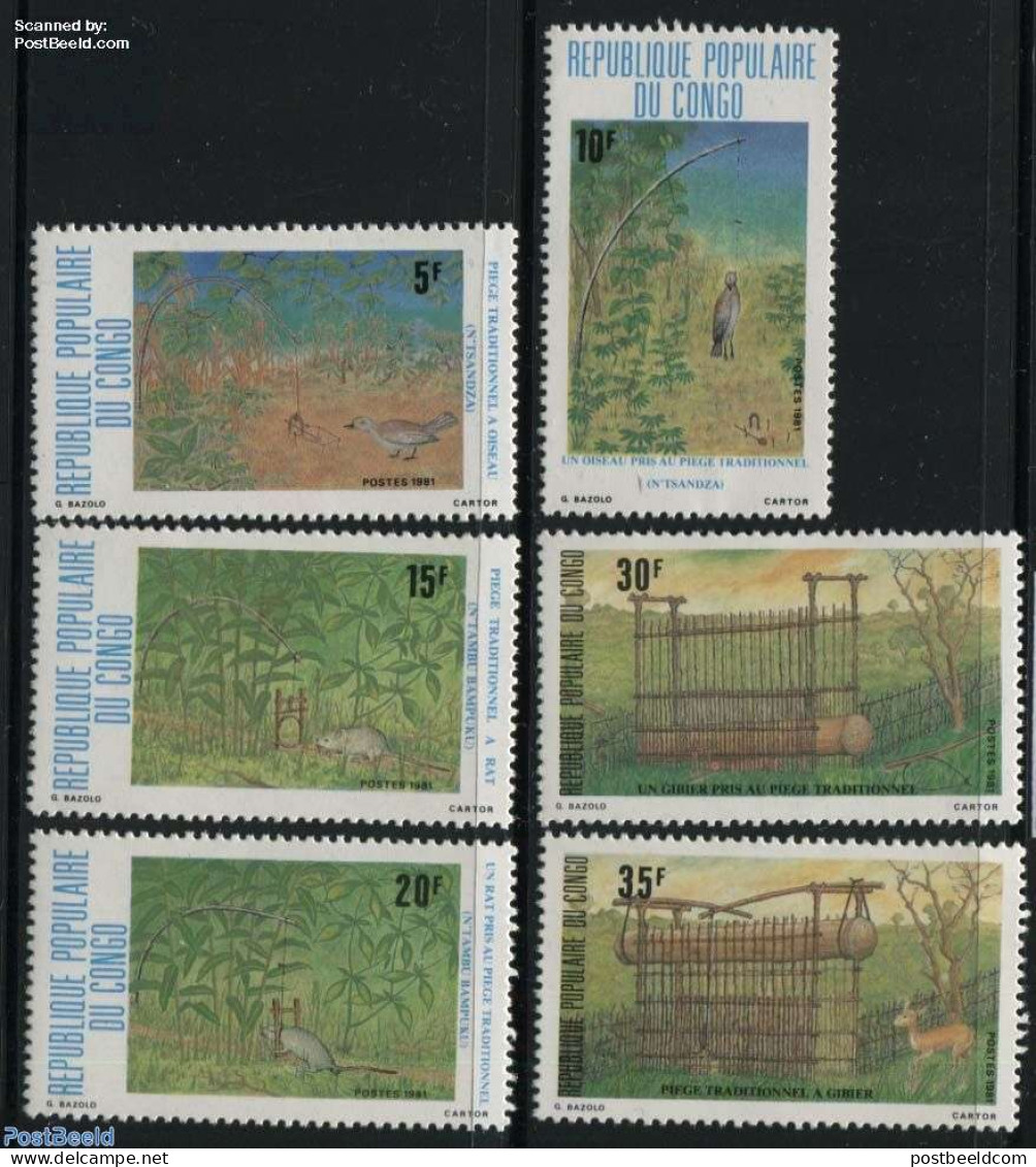 Congo Republic 1981 Tradional Animal Catching 6v, Mint NH, Nature - Animals (others & Mixed) - Birds - Geese - Sonstige & Ohne Zuordnung