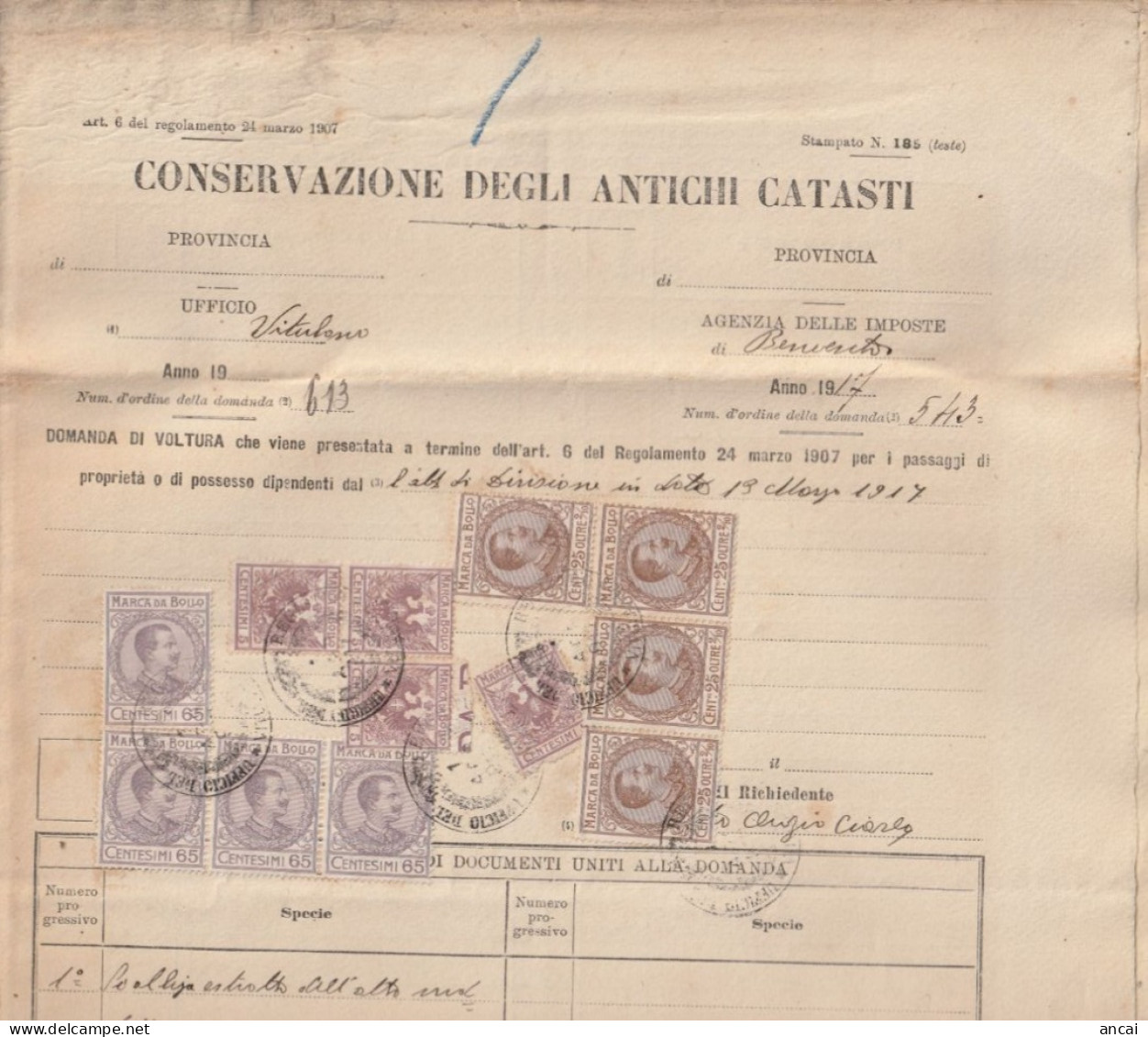 Italy.  A200 CONSERVAZIONE ANTICHI CATASTI Domanda Di Voltura, Con Marche Da Bollo A Tassa Fissa C. 25 Oltre 2/10  C. 65 - Unclassified