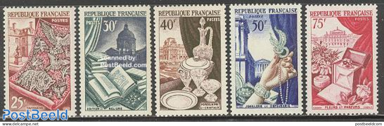 France 1954 Export 5v, Mint NH, Performance Art - Various - Music - Export & Trade - Textiles - Art - Books - Ceramics - Unused Stamps