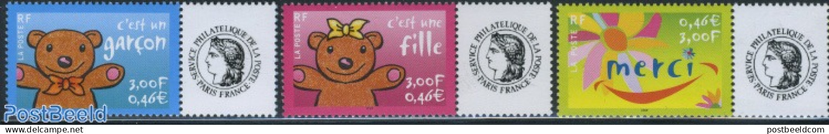 France 2001 Greeting Stamps With Personal Tabs 3v (tabs May Vary), Mint NH, Various - Greetings & Wishing Stamps - Ungebraucht