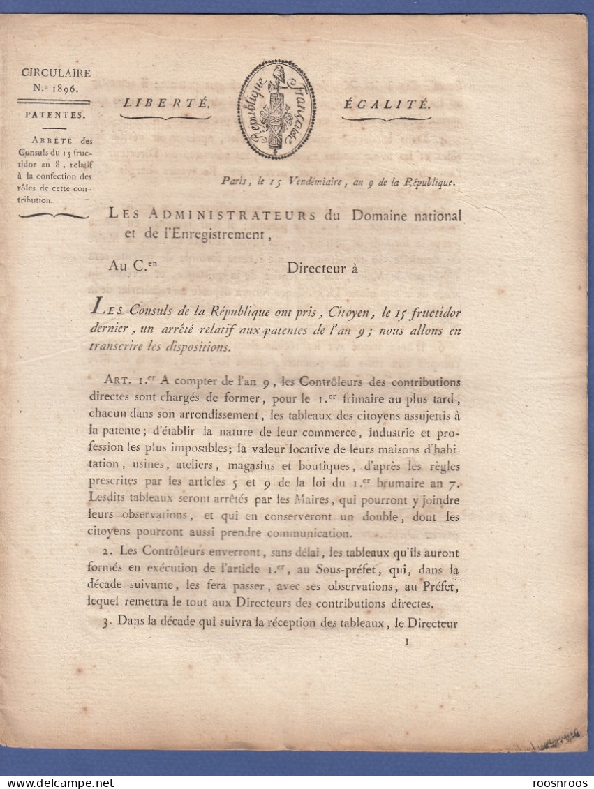 CIRCULAIRE RELATIVE AUX PATENTES - AN 9 - 1800 - CONTRIBUTIONS DIRECTES - Documentos Históricos