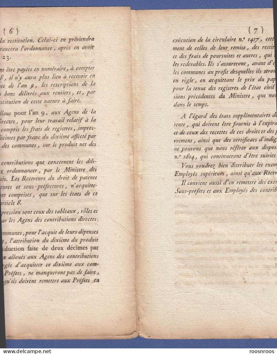 CIRCULAIRE RELATIVE AUX PATENTES - AN 9 - 1800 - CONTRIBUTIONS DIRECTES - Documentos Históricos